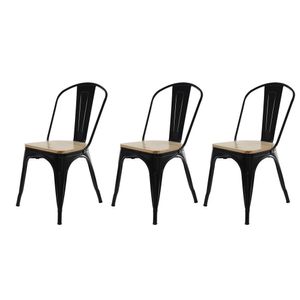 Conjunto 3 Cadeiras De Jantar Cozinha Eventos Varanda Tolix Iron Industrial Assento Madeira Preto
