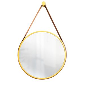 Espelho Decorativo Adnet Amarelo Alça Corino Caramelo 50cm Redondo