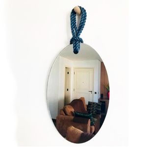 Espelho Decorativo Hole Alça Sisal Azul 60x40cm Oval