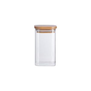 Pote 250Ml De Vidro Flat Com Tampa De Bambu Quadrado