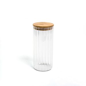 Pote 1100Ml De Vidro Canelado Com Tampa De Bambu De