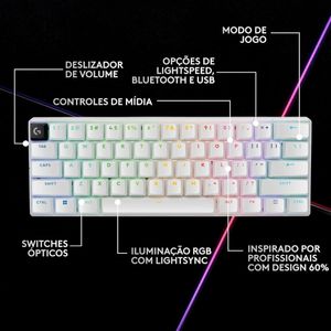 Teclado Gamer Sem Fio Logitech G PRO X 60 Lightspeed RGB Mecânico Switch Tátil Óptico Branco US - 920-011921