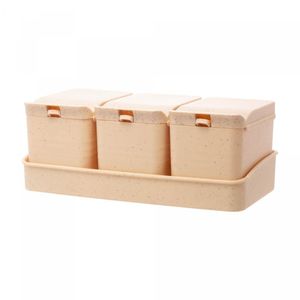 Kit 3 Porta Temperos em PP e Bandeja Lines Bege 10cm x 18cm