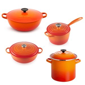 KIT LE CREUSET  4 PEÇAS PANELA MARMITA 28CM + MARMITA TRADITION 32CM + MOLHEIRA 18CM + STOCK POT 26CM LARANJA