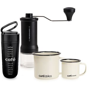 Kit Com 4 Canecas Cafezinho e Cafezão, Moedor de Cafe Graos e Copo Para Viagem Tem Café