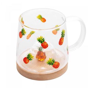 Caneca Vidro Borossilicato com Pires de Bambu Abacaxi 330ml