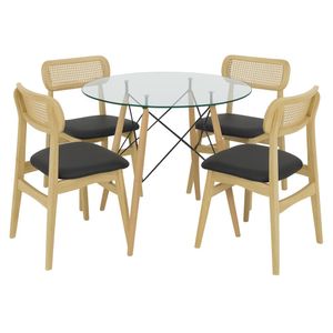 Conjunto de Mesa de Jantar Vidro 90cm com 4 Cadeiras Rainer em Palha Natural Design, Conforto e Sofisticação