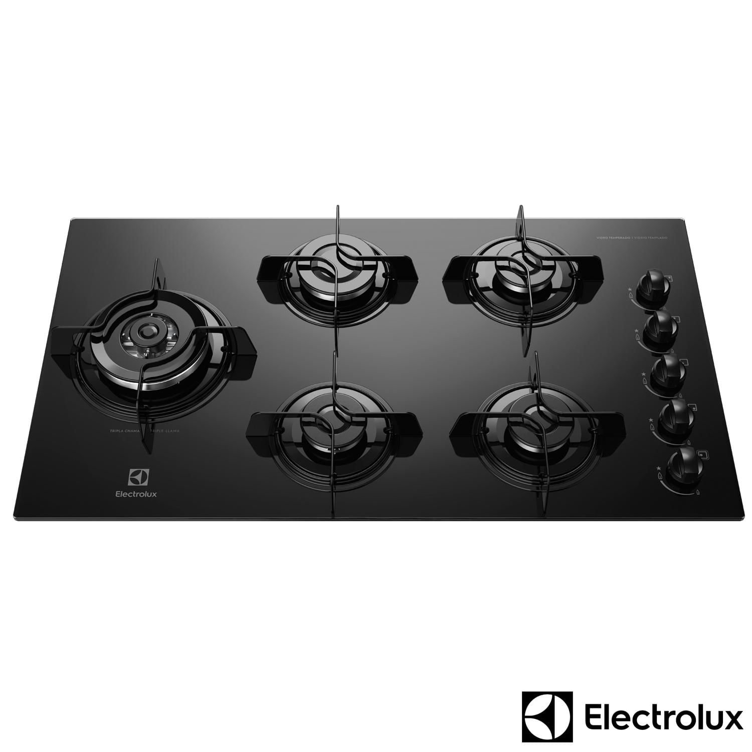 Cooktop a Gás Electrolux em Vidro com 5 Bocas com Queimador Tripla Chama Lateral Preto - KE5TD Menor preço em Cooktop a Gás Electrolux em Vidro com 5 Bocas com Queimador Tripla Chama Lateral Preto - KE5TD