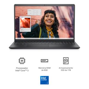 Notebook Dell Inspiron 15.6" Full HD Intel Core 3-100U 8GB 1TB SSD Linux Preto Carbono I15-I3100-U25P