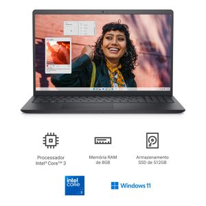 Notebook Dell Inspiron 15.6" Full HD Intel Core 3-100U 8GB 512GB SSD Win 11 Preto Carbono I15-I3100-M15P