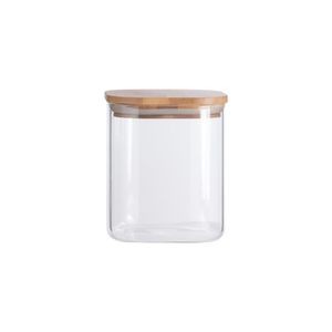 Pote 800Ml De Vidro Flat Com Tampa De Bambu Quadrado