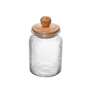 Porta Mantimento De Vidro Martelado Com Tampa De Bambu 1L