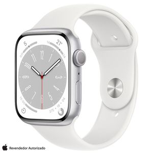 Apple Watch Series 8 (GPS 45 mm) Caixa Prateada de Alumínio com Pulseira Esportiva Branca