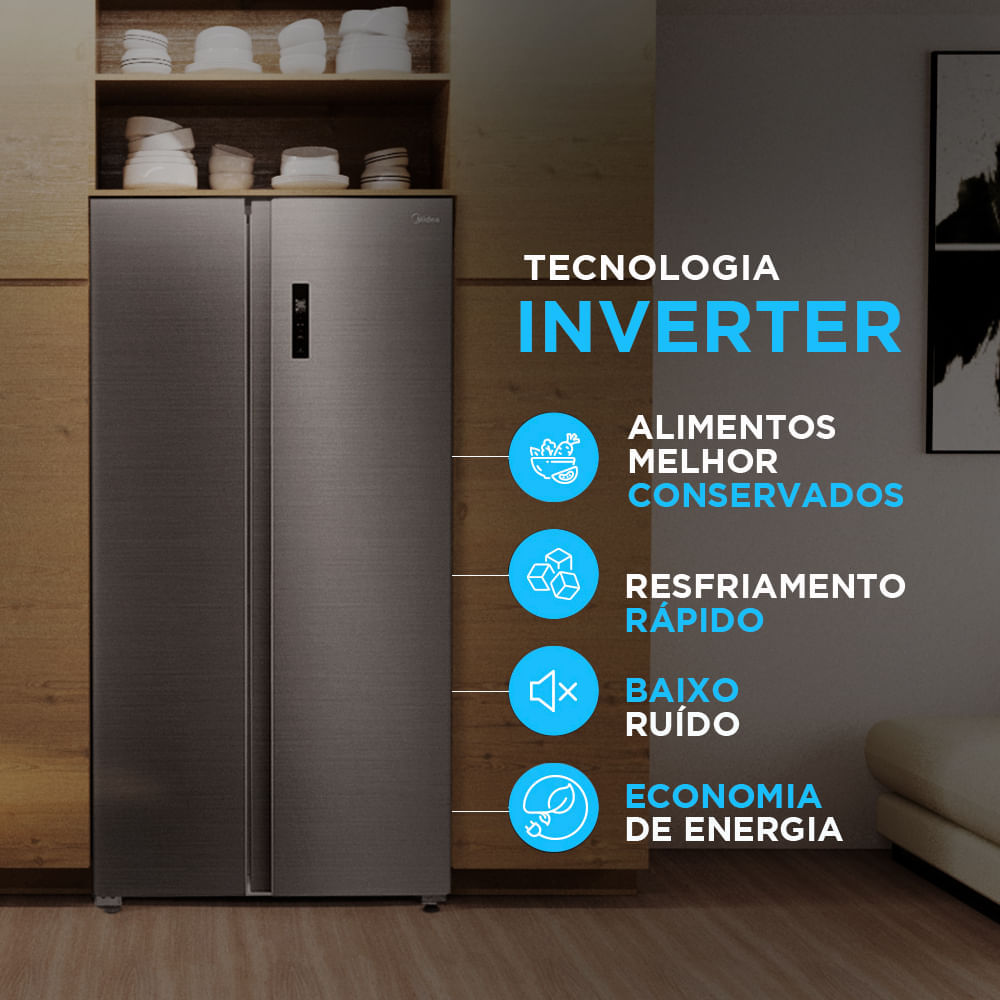 Geladeira Side by Side 511L Inverter Cor Inox Conectada Midea