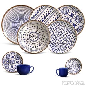 Aparelho de Jantar com 42 Peças Asteca Cru e Azul - Porto Brasil
