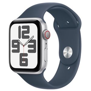 Apple Watch SE (GPS + Cellular 44 mm) Caixa de Alumínio Prateada, Pulseira Esportiva Azul-tempestade e e PM