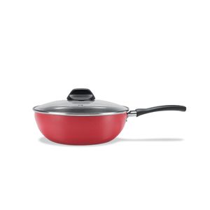 Wok Brinox vermelha antiaderente pro-flon com tampa de vidro temperado - 24 cm 2,3 L Linha Garlic