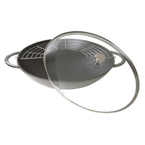 Caçarola Wok com Tampa Vidro, 37cm, Cinza Grafite, Ferro Fundido