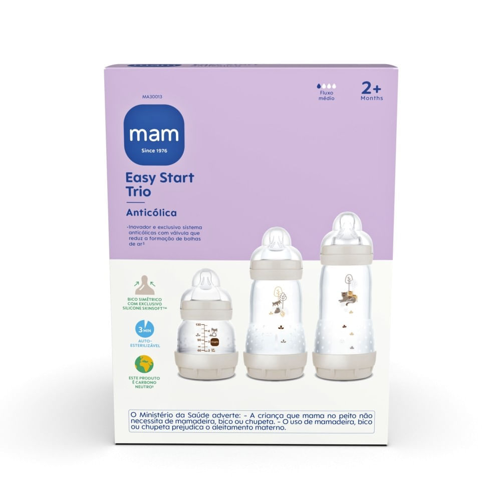 ⭐3kids-mama⭐ Kit com 3 Mamadeiras Easy Start 130/260/320ml - MAM - Neutra