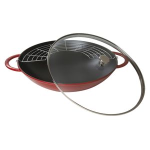 Caçarola Wok com Tampa Vidro, 37cm, Cereja, Ferro Fundido