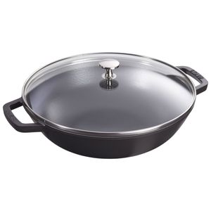 Petit Wok com Tampa de Vidro, 30cm, Preta, Ferro Fundido
