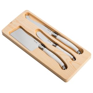 Conjunto De 3 Facas Luxo Para Queijo Com Bandeja De Madeira Branco - Laguiole
