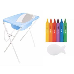 Banheira para Bebê Plástica Acqua Trio Galzerano Azul Pastel + Risque e Apague Com Esponja Buba