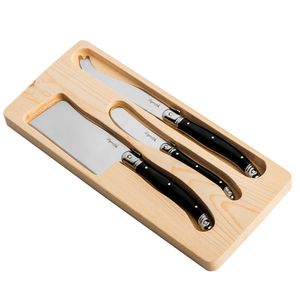 Conjunto De 3 Facas Luxo Para Queijo Com Bandeja De Madeira Preto - Laguiole