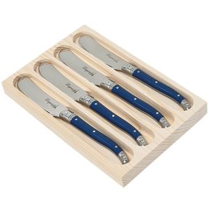 Conjunto De 4 Facas Luxo Para Manteiga Com Bandeja De Madeira Azul - Laguiole