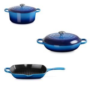 KIT LE CREUSET PANELA 20CM CAÇAROLA 26CM E GRELHA QUADRADA 26CM EM FERRO FUNDIDO AZURE BLUE