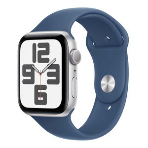 Apple Watch SE (GPS, 44 mm) Caixa de Alumínio Prateada Pulseira Esportiva Denim