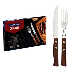 Jogo de Talheres para Churrasco em Aço Inox com Cabos em Madeira Natural - Tramontina
